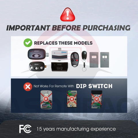 Important notice about Two Pack Replacement Garage Door Opener Remote For ACT-31B Megacode compatibility and dip switch models.