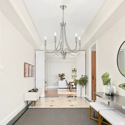 5 Light Brushed Nickel Farmhouse Chandelier Candelabra Style Modern Pendant Lighting for Foyer