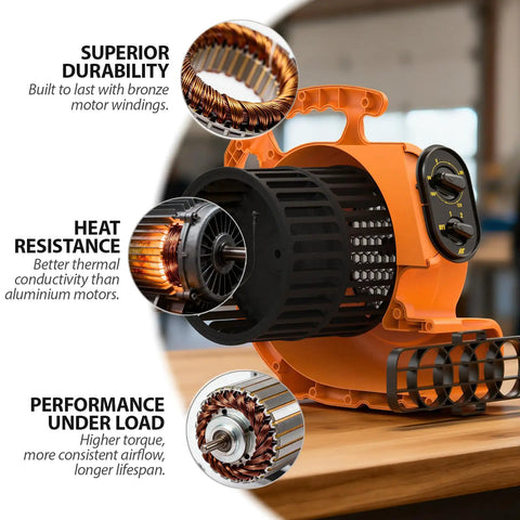Quarter Horsepower 1100 CFM Air Mover Blower Fan with durability, heat resistance, performance, shown in orange with internal motor details.