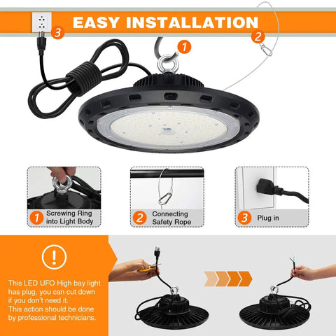 Installation steps for 100W UFO LED High Bay Light With 15000 Lumens At 5000K Daylight IP65 UL Approved 5 Foot Cable And US Plug