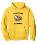 Yellow I'd Rather Be Napping Sloth Pullover Hoodie with cozy fleece lining, featuring a cute sloth graphic for lazy day vibes.