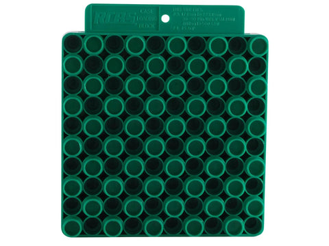 Top view of Universal Two Sided Case Loading Block For Rifles And Pistols Holds 50 Cases Upright And Organized Raised Section Green