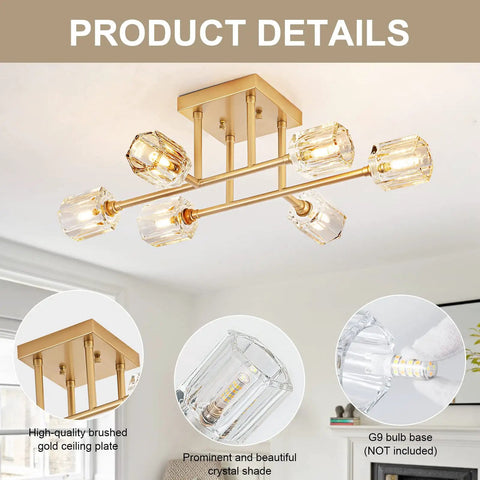 6 Light Brushed Gold Semi Flush Mount Ceiling Light Fixture, Modern Sputnik Chandelier with crystal accents and metal frame