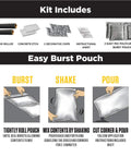 Kit components for Pro Grade Polycuramine Garage Floor Coating, showcasing easy burst pouch instructions for mixing and applying.