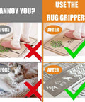 Comparison of rugs before and after using Rug Grippers With Super Sticky Hold For Anti Curling And Non Slip Carpet Tape Keeps Rugs In Place, Makes Corners And Edges Flat, Residue Free, Reusable 8 Pack White showing flat rug edges.