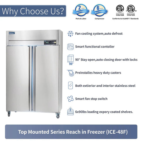 Heavy Duty Commercial Freezer Double Door Reach In 36 Cu Ft Premium Stainless Steel showcasing fan cooling and auto defrost features.