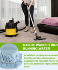 Person using wet/dry vac next to reusable wet dry vac filter set VF2002 for most 5 gallon and larger shop vacs, close-up of filter.
