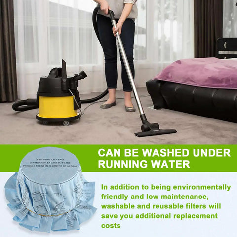 Person using wet/dry vac next to reusable wet dry vac filter set VF2002 for most 5 gallon and larger shop vacs, close-up of filter.