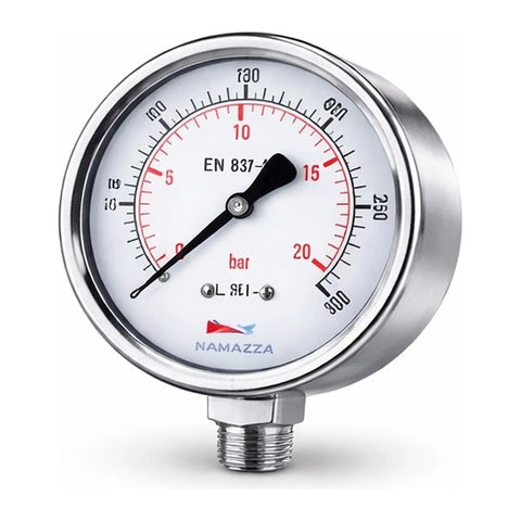 2.5 Inch Glycerin Filled Pressure Gauge 0 To 300 PSI 20 Bar With One Quarter Inch NPT Lower Mount, Stainless Steel Case