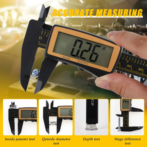 Person using Pro Grade Digital Caliper With Large LCD Screen For Quick Inside Outside Depth And Step Measurements 0 To 6 Inches 150mm Inch Metric Toggle Auto On Auto Off Carbon Fiber Body on a small part