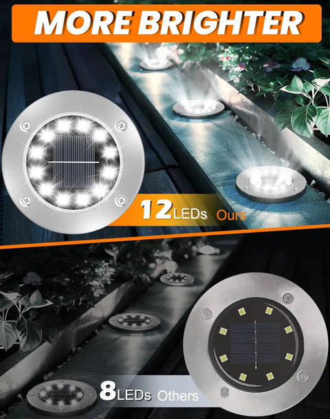 Comparison of 12 LED Solar Disk Lights For Outdoor Pathway And Garden Waterproof Ground Lights with 8 LED alternative.