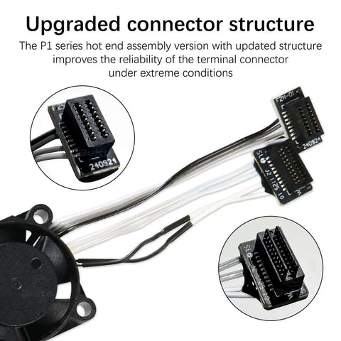 Upgraded connector structure for P1S P1P 3D Printer Hotend Assembly With Hardened Steel 0.4mm Nozzle Ceramic Heater Thermistor Cooling Fan Silicone Sock Replacement Upgrade Kit For Extruder Heating Block, showing reliable terminal connectors.