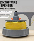Slick Tangle Free Cable Dispenser, Desktop Wire Spool Reel Stand Featuring Dual Bearing Rotation For Smooth Horizontal And Vertical Cord Feeding, Totally Hassle Free Setup, with yellow wire.