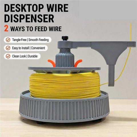 Slick Tangle Free Cable Dispenser, Desktop Wire Spool Reel Stand Featuring Dual Bearing Rotation For Smooth Horizontal And Vertical Cord Feeding, Totally Hassle Free Setup, with yellow wire.