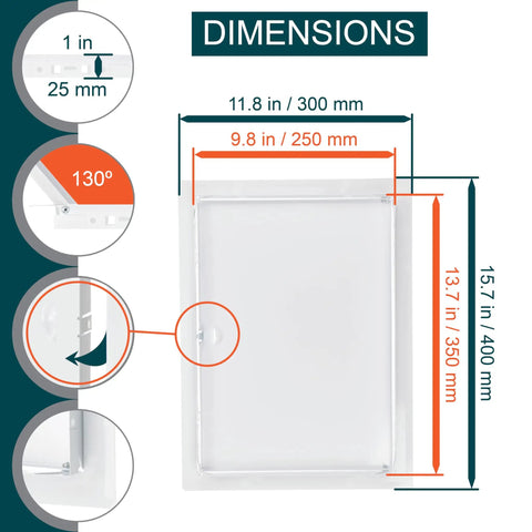 Image showing dimensions of 10 X 14 Inch White Steel Drywall Access Panel With Slick 145 Degree Swing Door for plumbing.