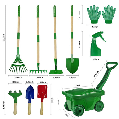 10 Piece Kids Gardening Tools Set With Wheelbarrow Shovel Rake Hoe And Leaf Rake For Outdoor Backyard Play Hands On STEM Educational Toys