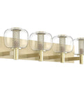 Vintage Brushed Brass Vanity Light With Clear Glass Globe Lampshades, 29 Inch 4 Light Bathroom Fixture, front view