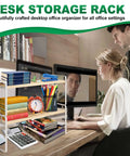 Slick Two Tier Desk Shelf Organizer With White Shelves And Wood Frames For Hassle Free Desktop Organization And Smart Vertical Storage To Keep Your Workspace Chill And Clutter Free Book Holder And Caddy, displaying books and office supplies.