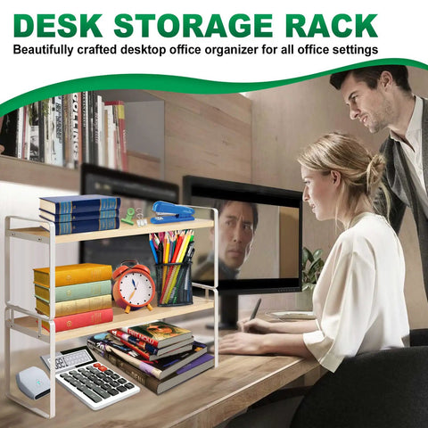 Slick Two Tier Desk Shelf Organizer With White Shelves And Wood Frames For Hassle Free Desktop Organization And Smart Vertical Storage To Keep Your Workspace Chill And Clutter Free Book Holder And Caddy, displaying books and office supplies.