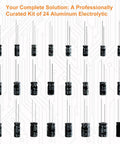 Massive 630 Piece Aluminum Electrolytic Capacitor Kit With 18 Capacitance Values From 0.1uF To 1000uF shown in grid layout