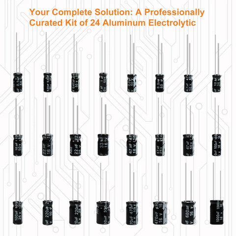 Massive 630 Piece Aluminum Electrolytic Capacitor Kit With 18 Capacitance Values From 0.1uF To 1000uF shown in grid layout