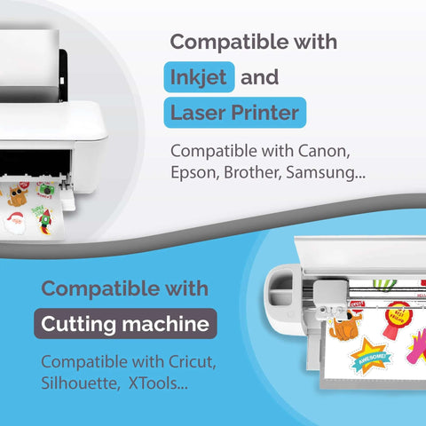 Front view of printable vinyl sticker paper for inkjet and laser printers, glossy white, 32 self-adhesive sheets