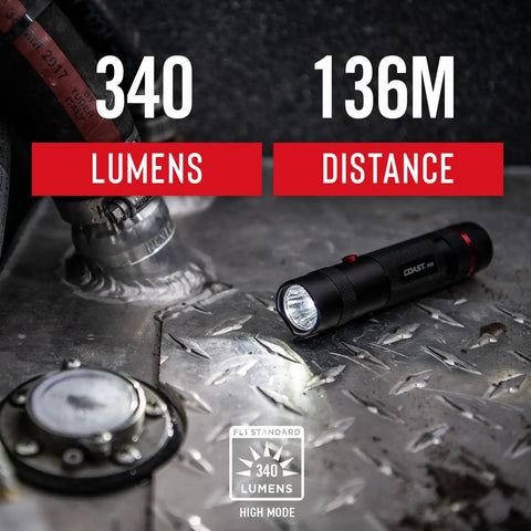 Dual Color LED Flashlight With White And Red Beams 315 Lumen Output Bullseye Spot Beam Optic on metal floor showing 340 lumens