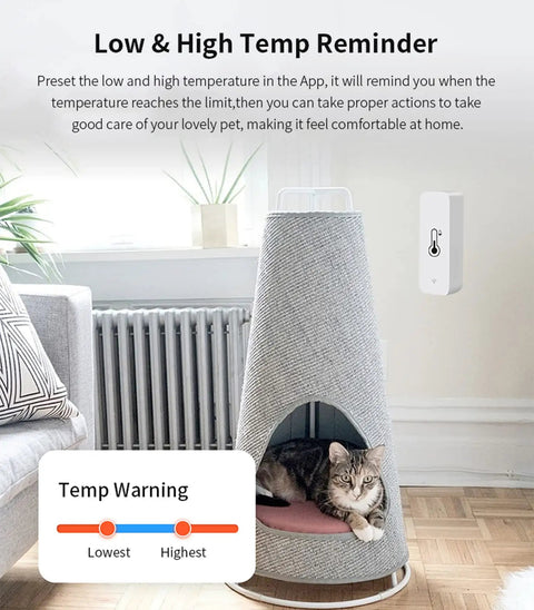 Smart WiFi Temperature And Humidity Sensor For Home With App Alerts History Logs Graphs Free Data Export Works With Alexa And Google Assistant One Pack next to pet bed and radiator