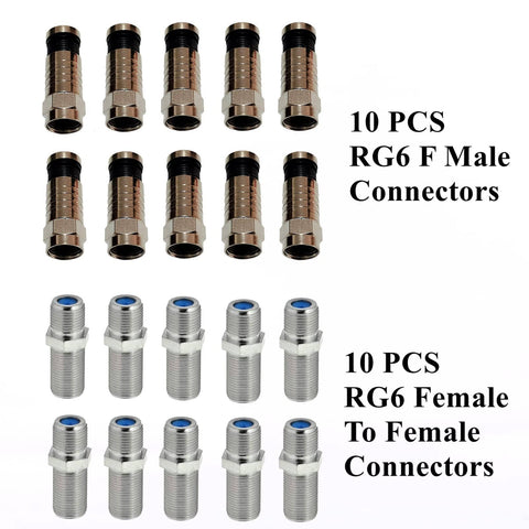 Coax Cable Crimping Tool Kit For RG6 RG59 RG11 With Adjustable Wire Stripper And Quick Release Blade Includes F Male And Female To Female Connectors Handy Screwdriver No Sweat DIY Cable TV Internet Install showing 10 PCS RG6 F Male Connectors and 10 PCS RG6 Female To Female Connectors.