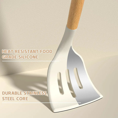 Close-up of spatula from 33 Piece Nonstick Silicone Kitchen Utensils Set With Holder Cream White Wooden Handles BPA Free.