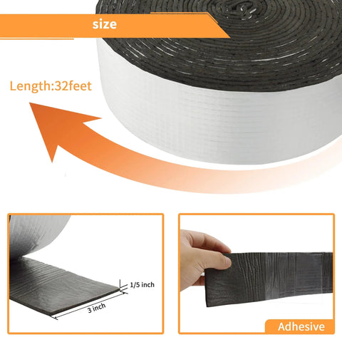 Foam Foil Pipe Insulation Wrap 3 Inch By 32 Foot Self Adhesive Reflective Tape for Pipes showing size and adhesive strip details.