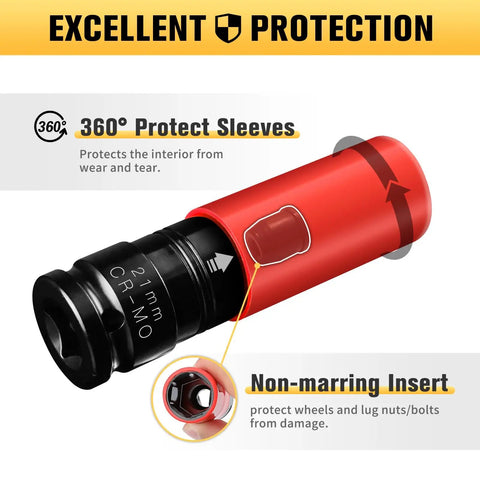 1/2 Inch Drive Wheel Protector Impact Socket Set with 360° protection, non-marring insert, Cr-Mo 21mm socket, Protective Sockets