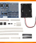 4 In 1 SMD SMT Soldering Practice Kit with electronic parts and board layout for beginners and hobbyists.