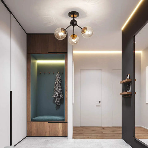 3 Light Vintage Semi Flush Mount Glass Globe Chandelier In Black Finish in modern hallway with wood accents