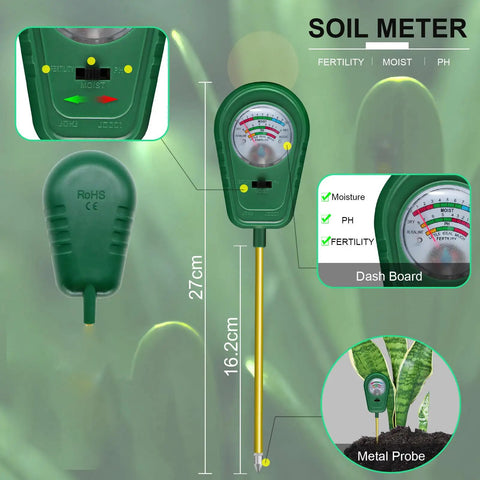 3-In-1 Soil Test Kit With Moisture, PH, And Fertility Meter For Garden And Lawn Care, Indoor Outdoor Plants Hygrometer