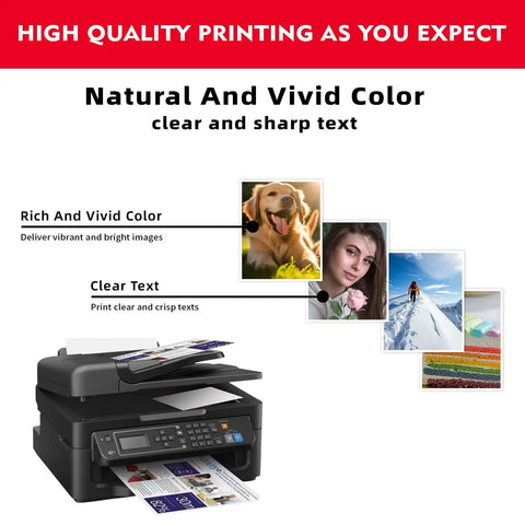 Laser printer demonstrating print quality with images and text, promoting 275XL Black And 276XL Tri Color Ink Cartridges 2 Pack For TR4700 TR4720 TS3522