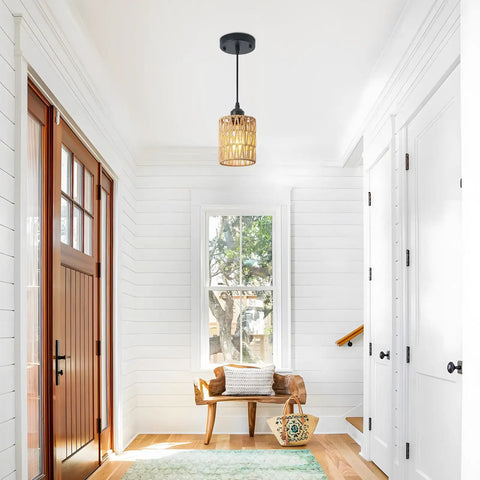 Straight Up Chic Boho Lighting Vibe For Your Sweet Space Featuring This Super Bright 3 Pack Woven Rattan Pendant Fixture with round shade over entryway.