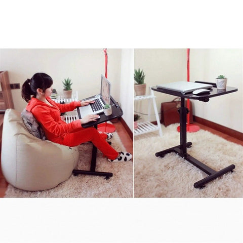 Smooth Operator Height Adjusting Overbed Table Rolling Desktop Stand Up Computer Workstation in home setting with laptop.