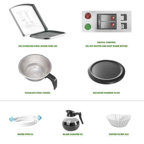 Components of 12 Cup Commercial Coffee Maker With Water Line Auto Fill, Stainless Steel Body, Dual Glass Carafes And Two Warmers