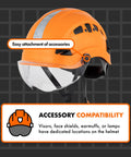 Orange job site ready safety helmet with visor for construction ANSI Z89 1 Type 1 Class C lightweight ABS hard hat with vents