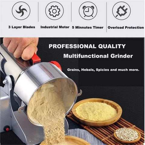 Person using Electric Grain Grinder Mill With Swing Open Chamber For A Fast Grind On Dried Grains Beans Spices Herbs And Cereal In Your Home Kitchen Portable And Easy Close Lid pouring ground spices into a bowl