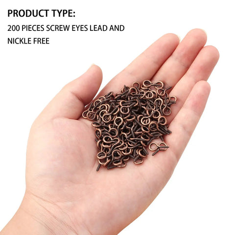 Heavy Duty Red Copper Plated Screw Eye Pin Hooks in hand, 200 piece bulk pack for DIY projects, size 7x14mm.