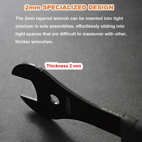 Close-up of black 2mm tapered wrench from Bicycle Cone Wrench Set Slim Jaw Bike Cone Spanners 13 14 15 16 17 18 19mm for tight spaces