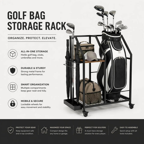 Mobile Golf Storage Organizer For Garage With Locking Casters Heavy Duty Golf Bag Rack To Move Your Gear Easily, holds 2 bags