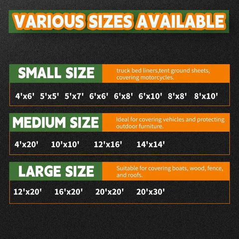 Various sizes list for Built Tough 8x10 Ft Waterproof Tarp With Grommets And Reinforced Edges 18 Mil Poly Sheeting