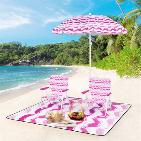 Six Point Two Foot Beach Umbrella With Two Folding Chairs And Waterproof Blanket Grab And Go Pink 4 Piece Beach Set