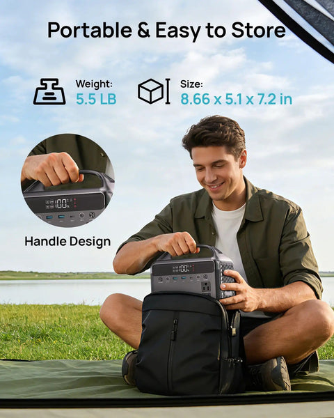 Man placing Portable Power Station 300W With 600W Surge, 192Wh LiFePO4 Battery into backpack, ideal for outdoor use