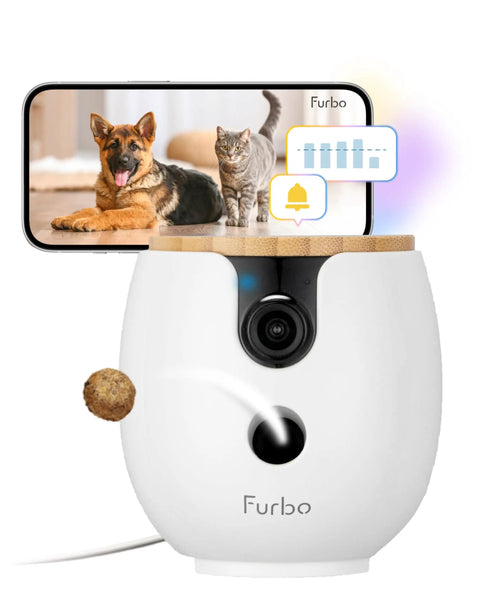 Mini 360 Degree Pet Camera With 2K QHD Live Video Feed, treat toss, two-way audio, showing video of dog and cat on screen