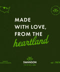 Graphic with 'Made with Love from the Heartland,' Swanson logo, map of USA, and text 'Fargo, North Dakota' on a dark background.