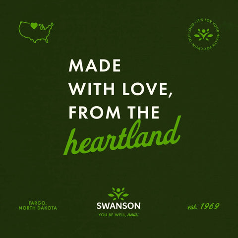 Graphic with 'Made with Love from the Heartland,' Swanson logo, map of USA, and text 'Fargo, North Dakota' on a dark background.